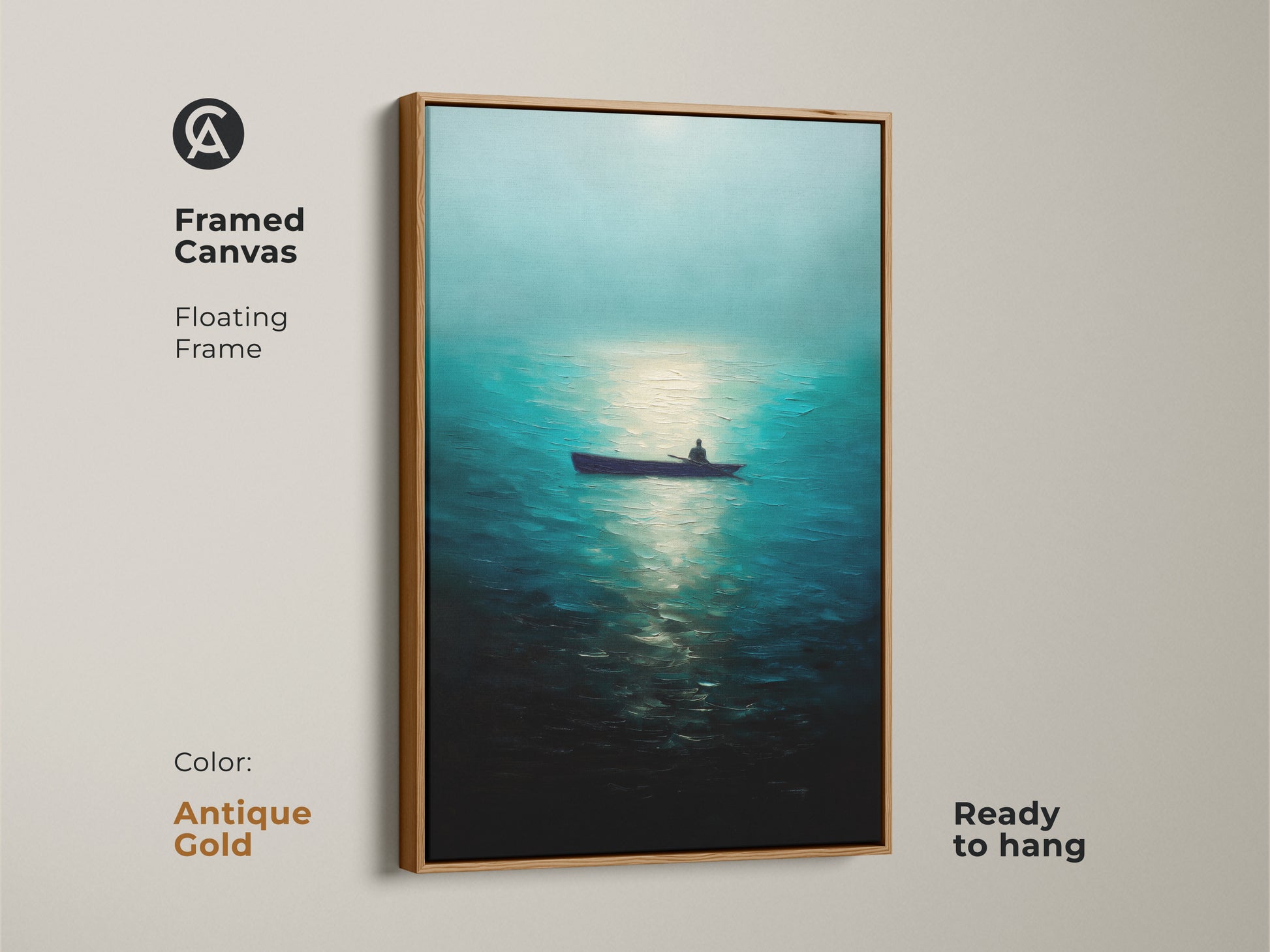 Framed canvas print of a man in a rowboat on a deep blue ocean. Antique gold floating frame accentuates this minimalist nature artwork. Ready to hang and enjoy. This coastal home decor is a thoughtful housewarming gift idea.