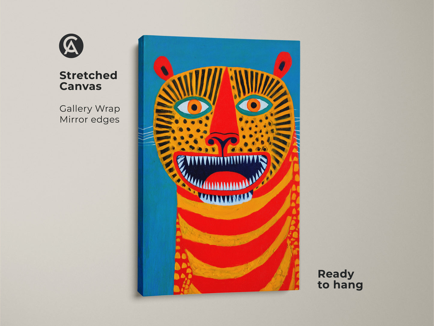 Close-up of the folk art tiger canvas. The gallery wrap and mirror edges make it ready to hang. This stretched canvas art features bold colors of blue red and yellow. A modern abstract animal wall decoration for your home.