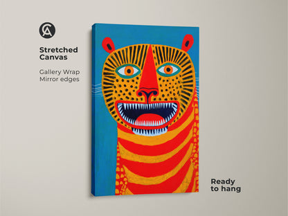 Close-up of the folk art tiger canvas. The gallery wrap and mirror edges make it ready to hang. This stretched canvas art features bold colors of blue red and yellow. A modern abstract animal wall decoration for your home.