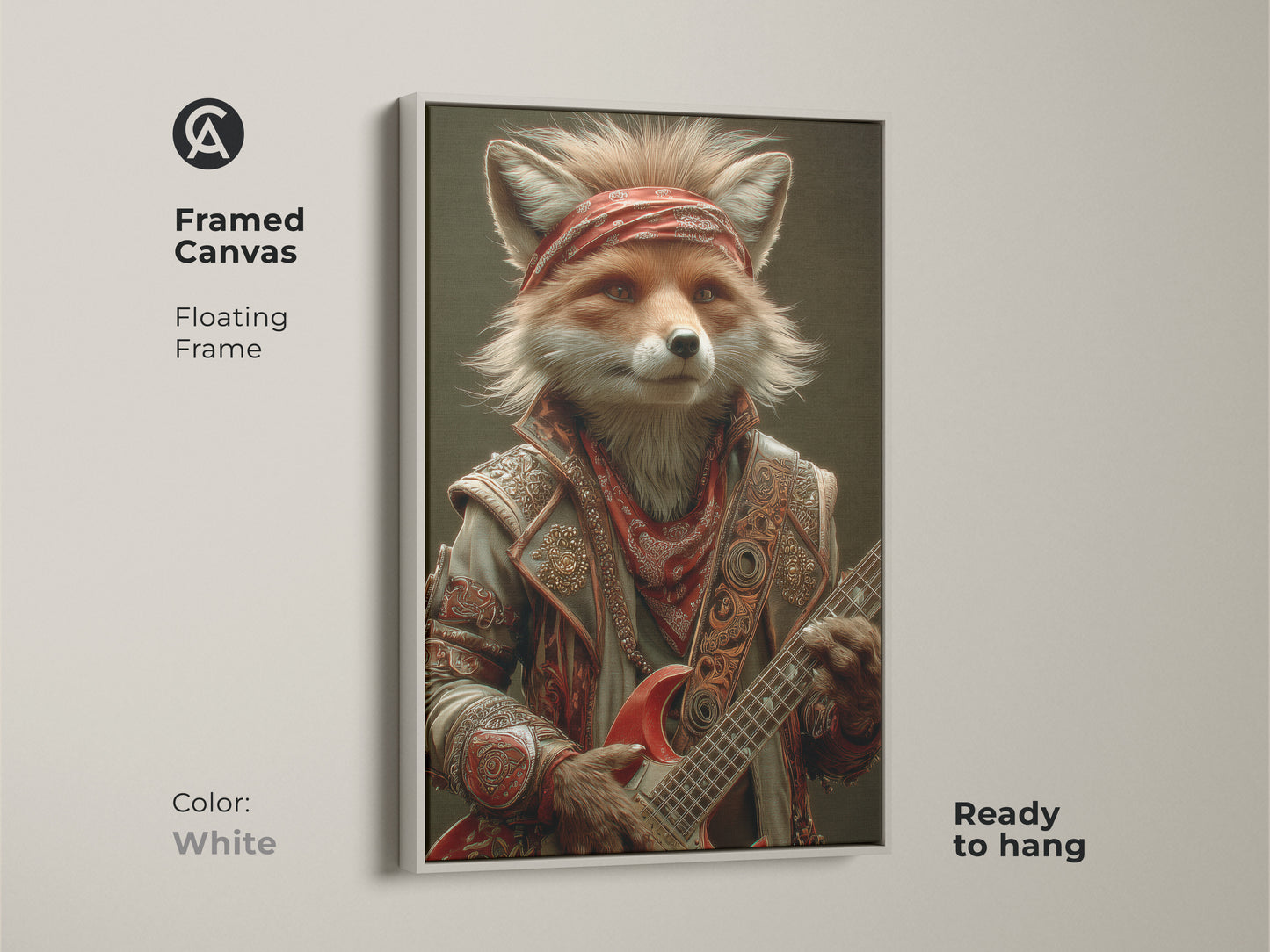 Framed in white this canvas presents a cool fox rockstar playing his guitar with a red bandana. This animal musician artwork offers a clean and modern look. Ready to hang this piece is perfect for adding an eclectic touch to any space. A unique gift for any rock fan.