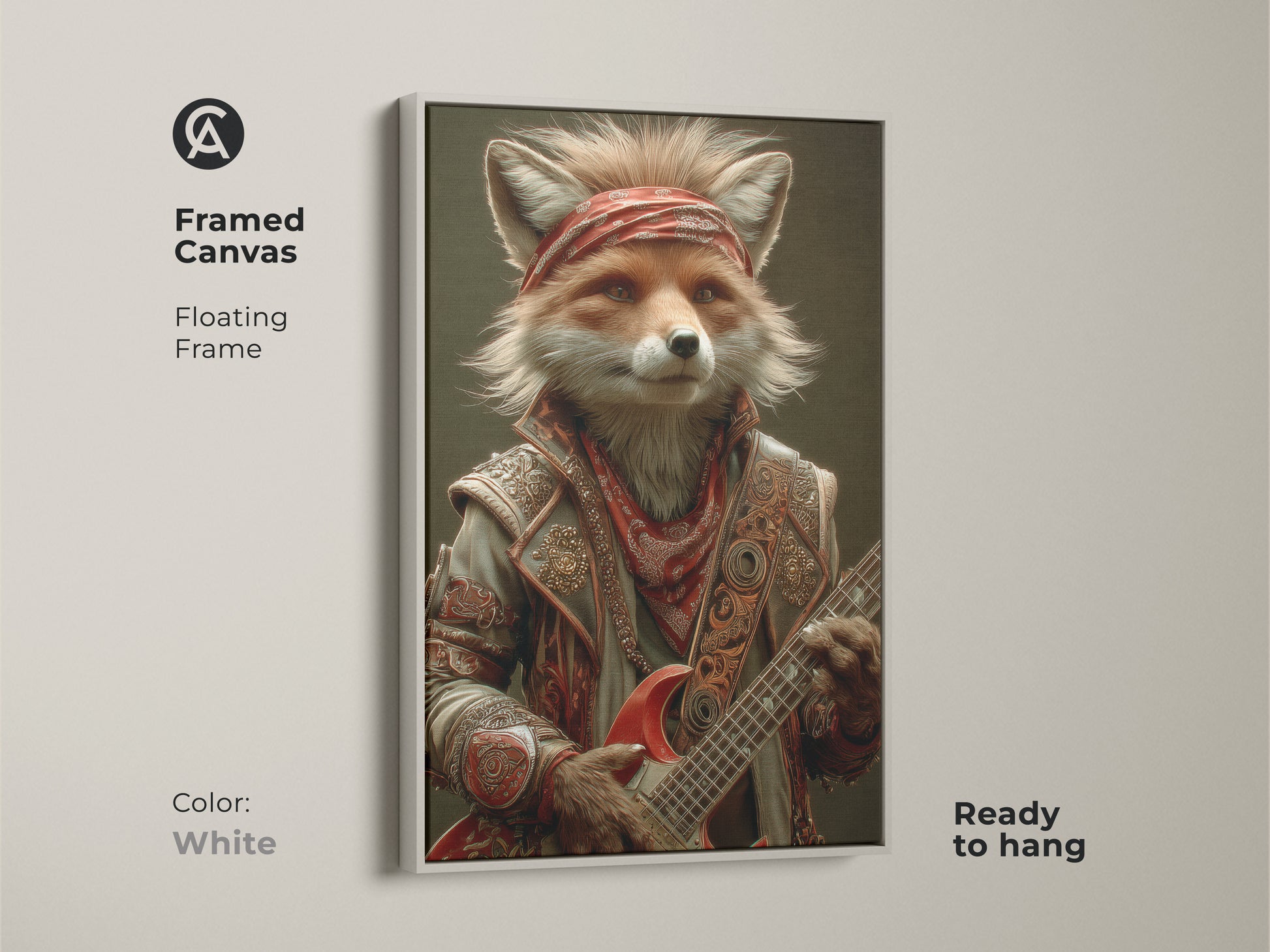 Framed in white this canvas presents a cool fox rockstar playing his guitar with a red bandana. This animal musician artwork offers a clean and modern look. Ready to hang this piece is perfect for adding an eclectic touch to any space. A unique gift for any rock fan.
