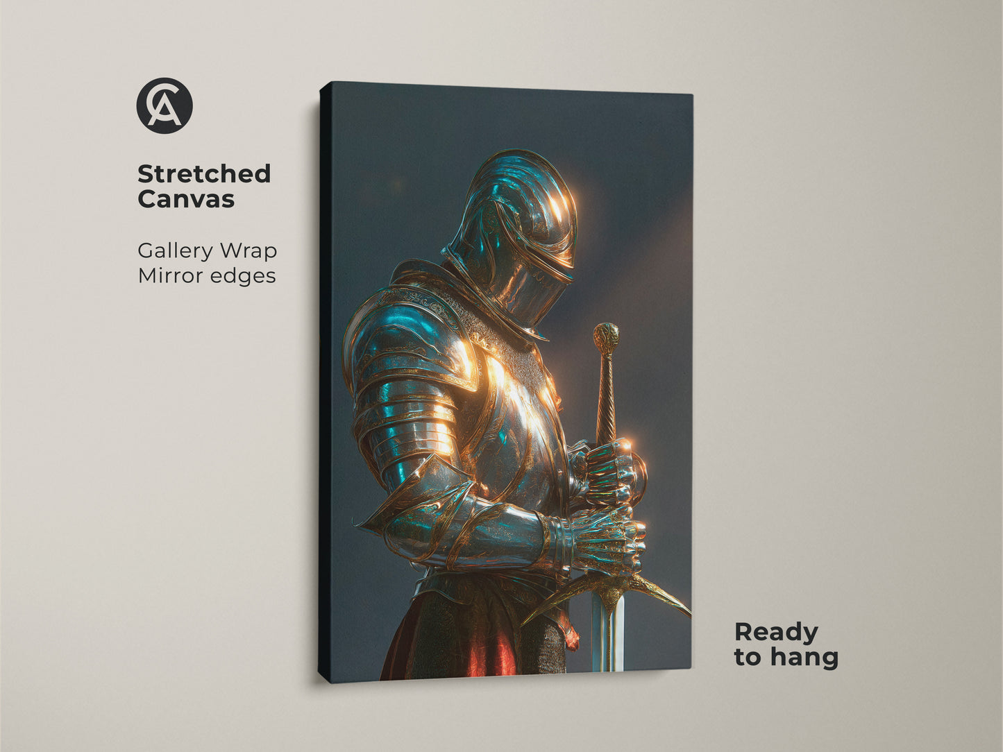 Stretched canvas gallery wrap print displaying a gothic knight in teal and gold armor. This dark academia art piece is ready to hang. The fantasy knight artwork with mirror edges makes a statement in any study room or office decor. Add this medieval armor poster to your collection.