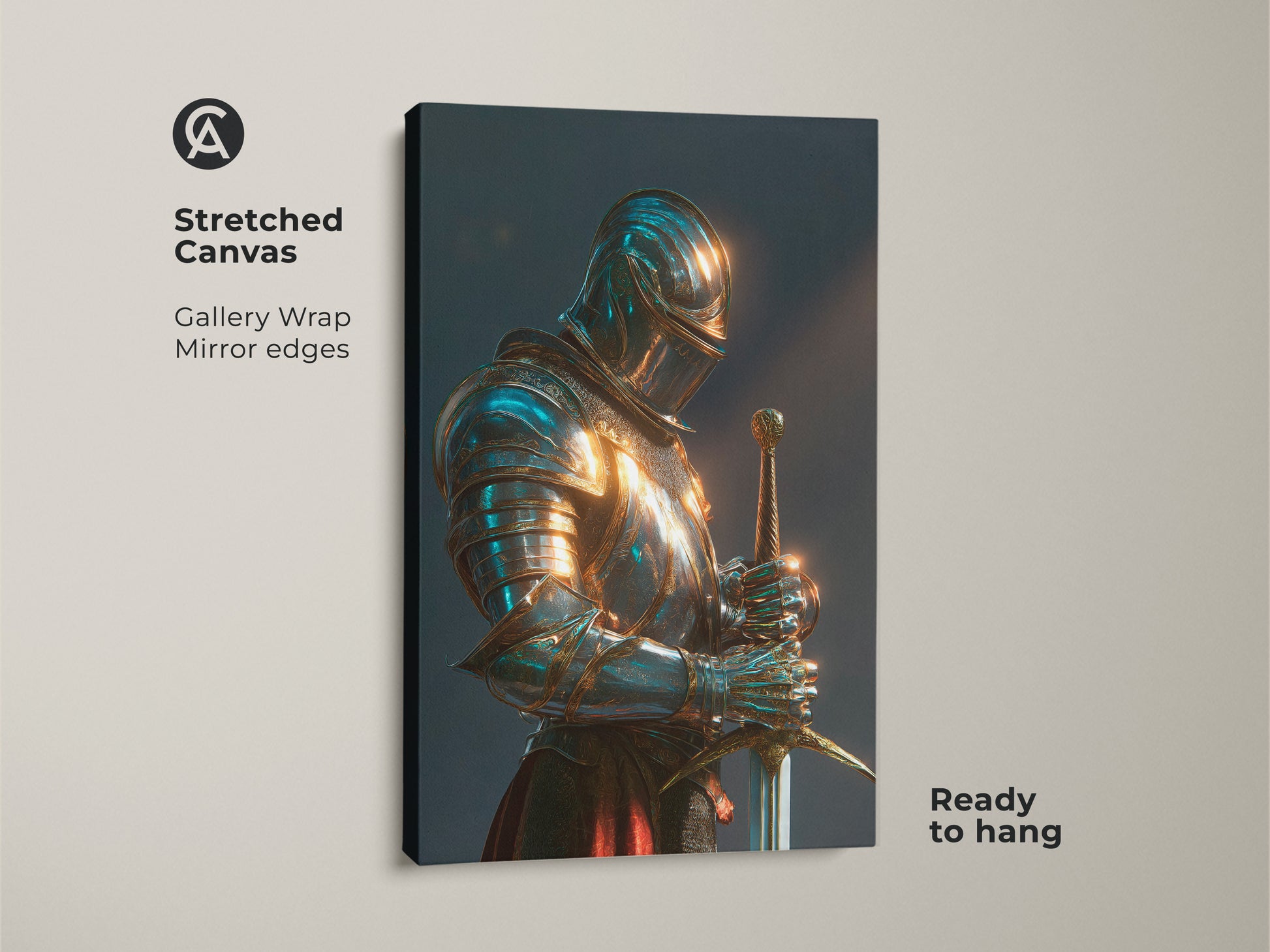 Stretched canvas gallery wrap print displaying a gothic knight in teal and gold armor. This dark academia art piece is ready to hang. The fantasy knight artwork with mirror edges makes a statement in any study room or office decor. Add this medieval armor poster to your collection.