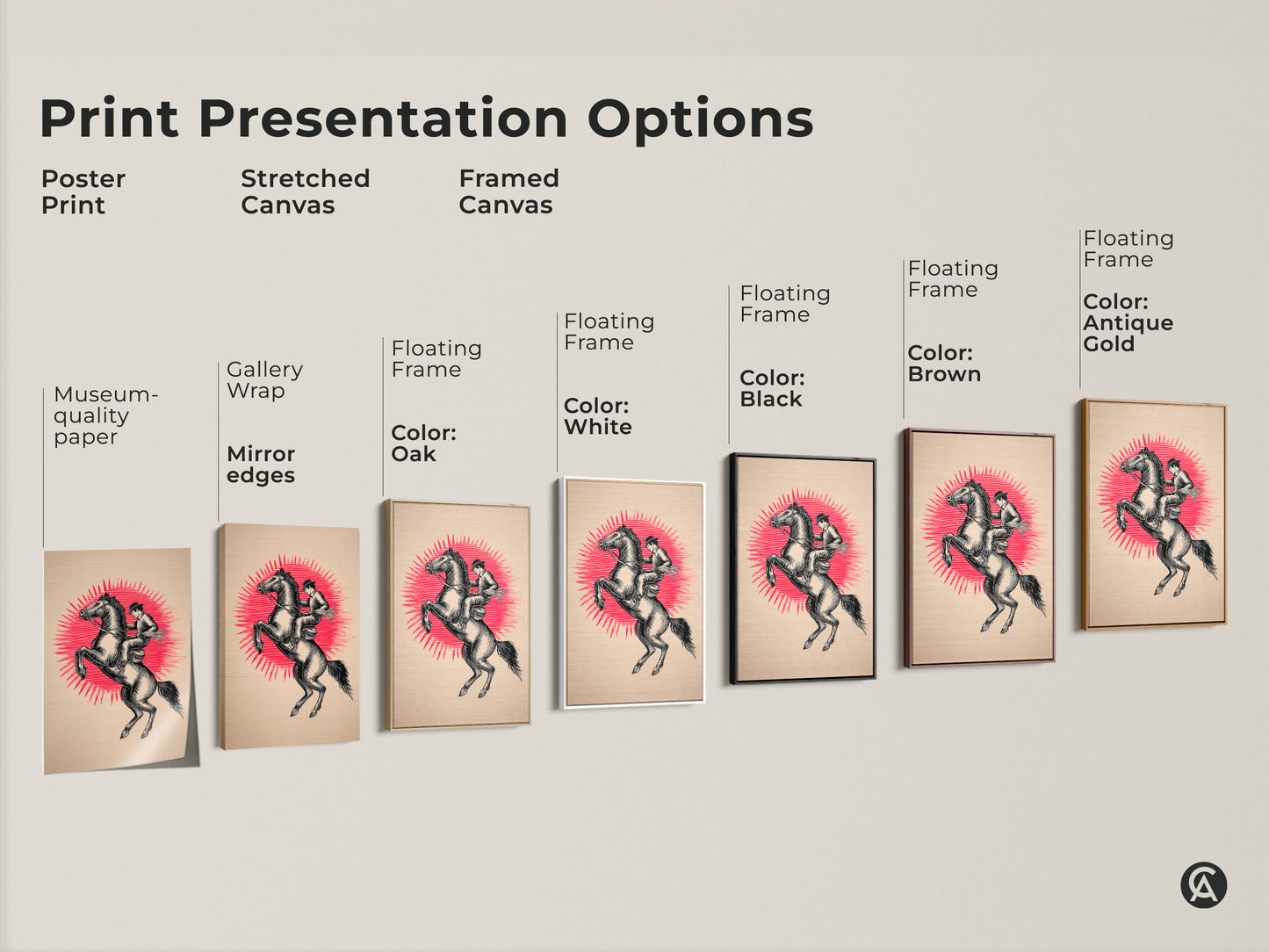 Print presentation options include poster print and stretched canvas. Also offered is framed canvas. Choices include black brown antique gold oak and white floating frames. Cowboy horse art and rustic black beige artwork are featured.