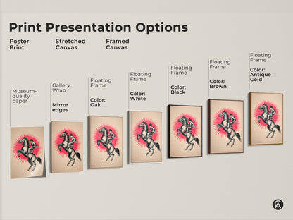 Print presentation options include poster print and stretched canvas. Also offered is framed canvas. Choices include black brown antique gold oak and white floating frames. Cowboy horse art and rustic black beige artwork are featured.