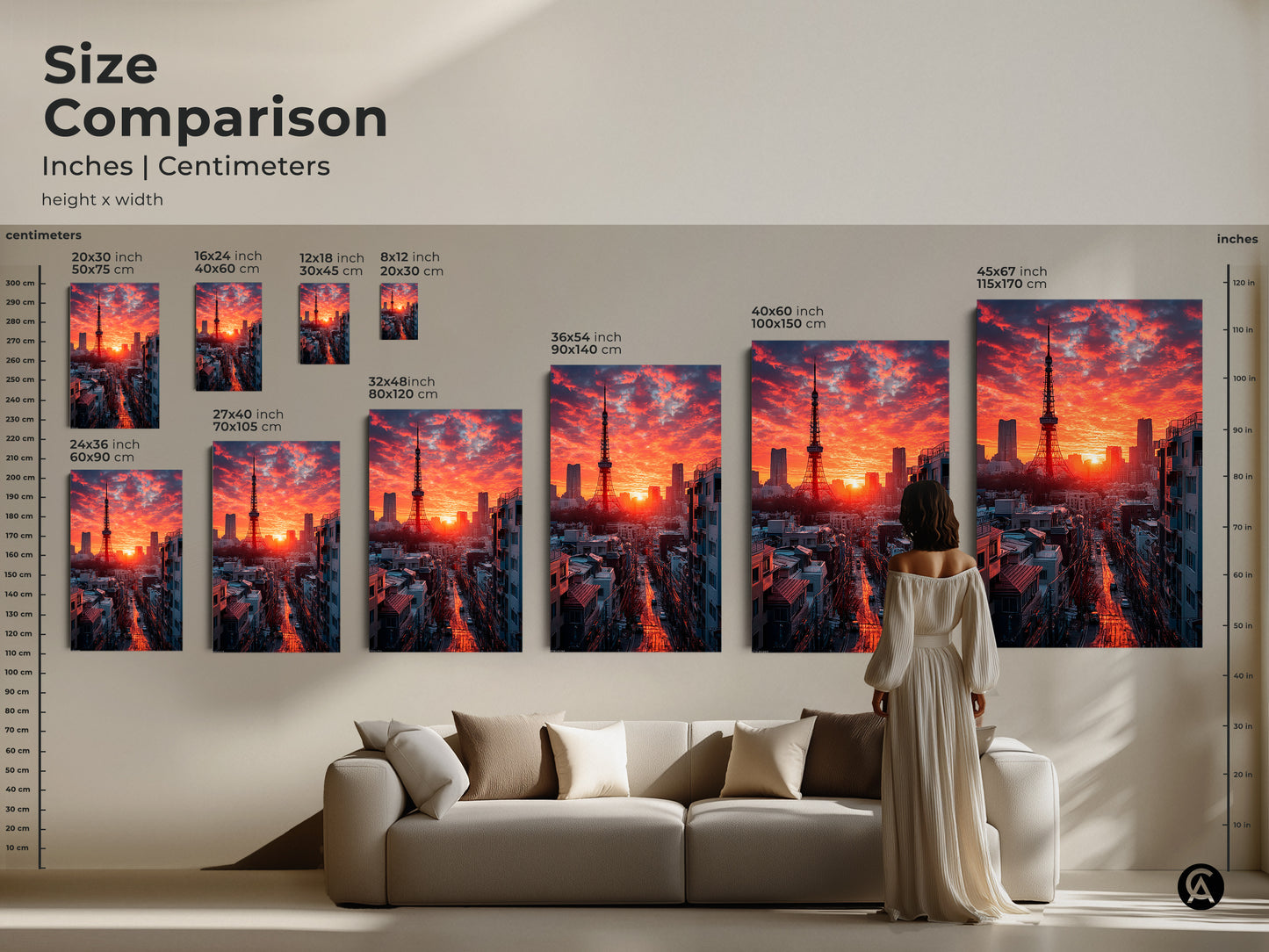 Compare sizes of the Tokyo Cityscape Canvas Print in inches and centimeters. Visualize how each art piece fits above a sofa. From smaller 8x12 inch prints to larger 45x67 inch canvases. Perfect for adding Japanese architecture art and a crimson sunset view.