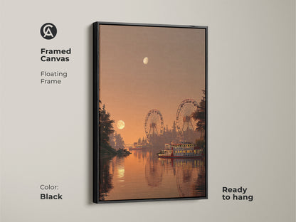 Framed canvas of a retro amusement park. This floating frame in black enhances the sunset orange and golden yellow landscape art. Ready to hang this nostalgic travel poster adds a unique touch to any room.