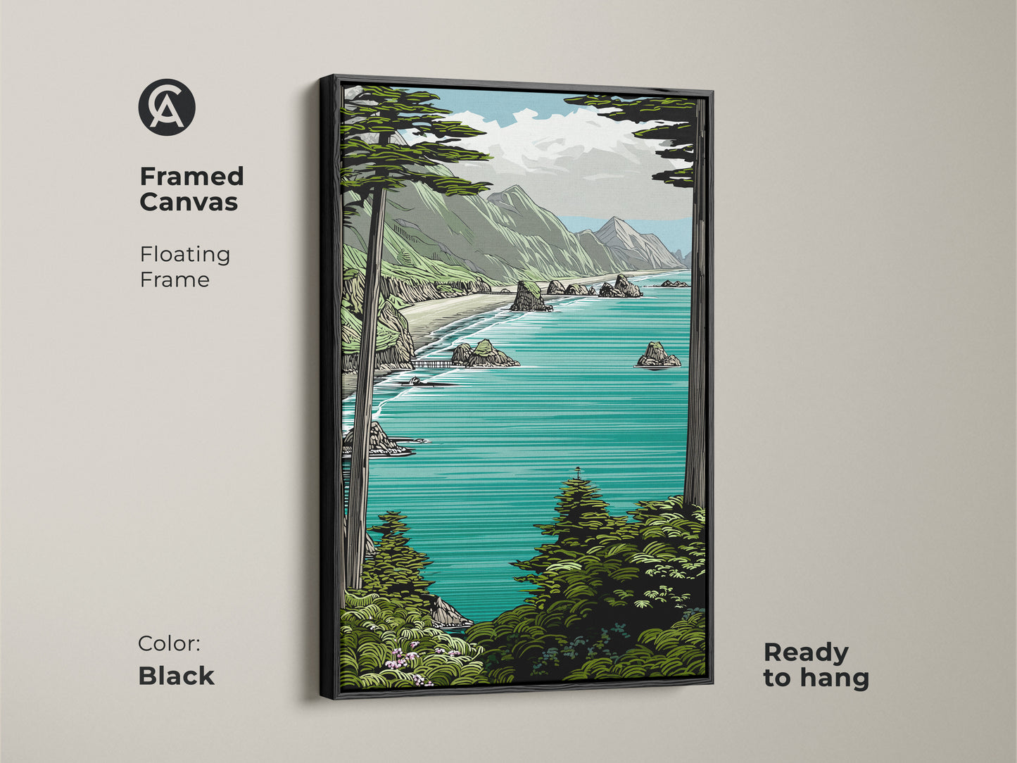 Black framed canvas featuring teal aqua coastal art. Ready to hang this floating frame showcases a mountain landscape print. Perfect for adding coastal home decor art to any living room or bedroom.