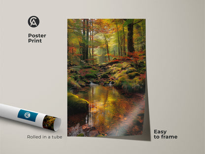 Elevate your space with this stunning poster print artwork. A serene forest stream is surrounded by autumn colors. This museum-quality paper is rolled in a protective tube. Ready to frame this print brings a touch of nature to your home or office.
