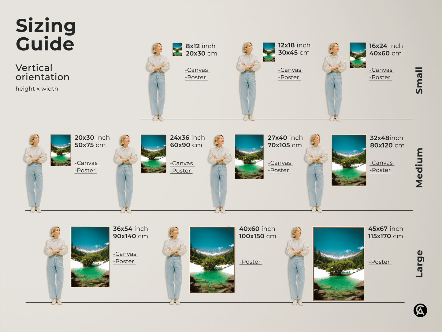 Sizing guide for vertical orientation art prints. Available in small medium and large sizes. Choose from canvas or poster prints. Find the perfect fit for your space today.