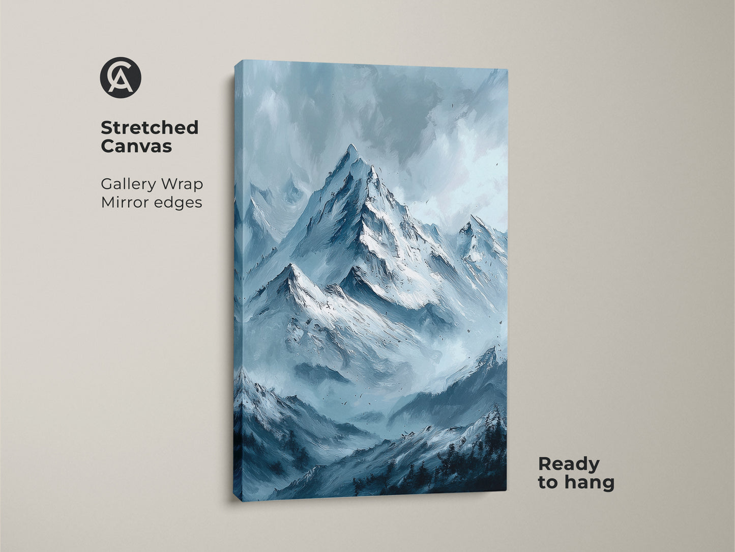 Gallery wrapped canvas art print of mountains. This stretched canvas features mirror edges. The mountain painting has snow and a blue hue. This canvas comes ready to hang. Find the perfect print for your home today