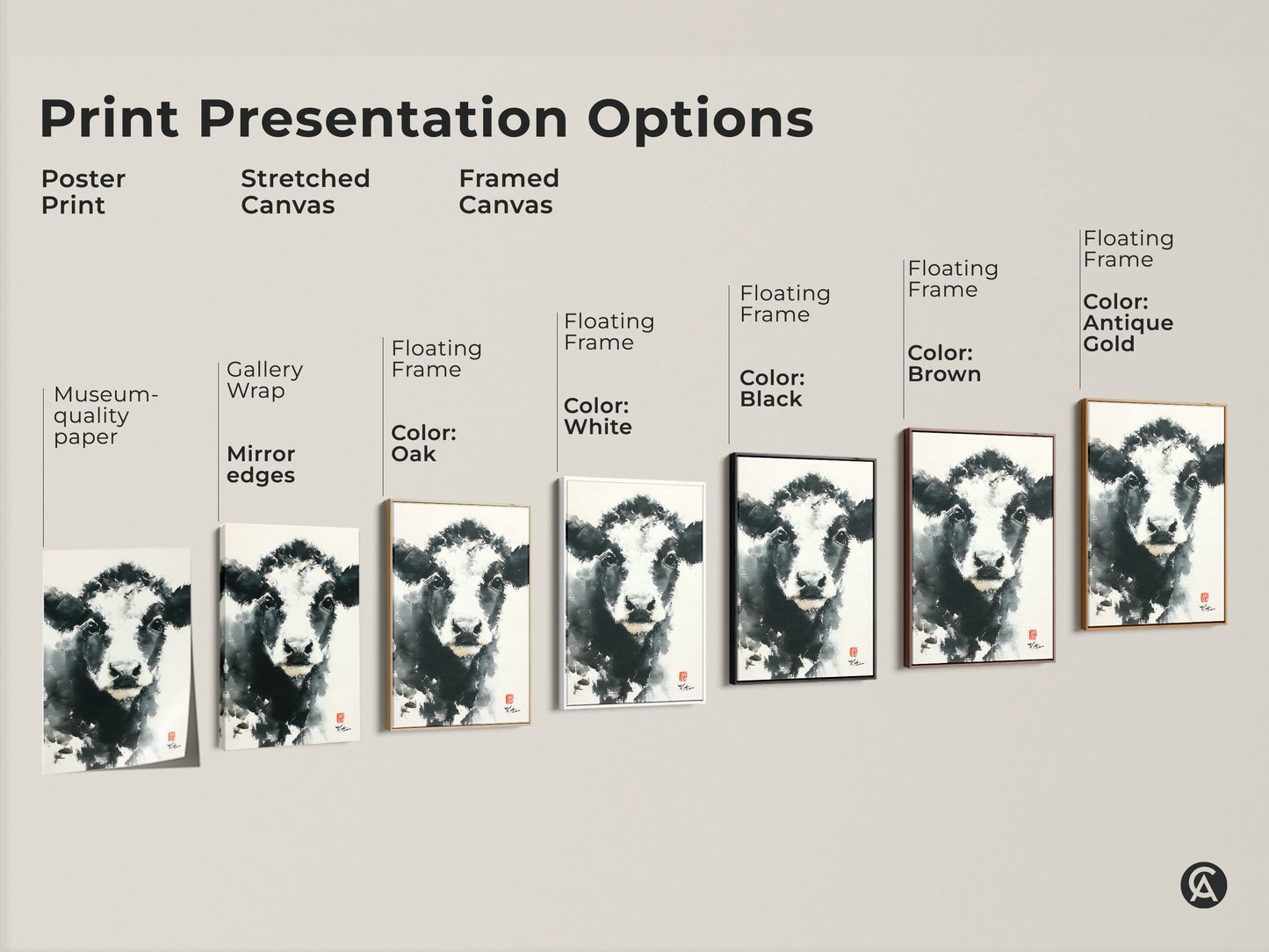 Explore print options for cow artwork. Choose from poster prints to stretched canvas. Framed canvas options are available. Select a black brown white or gold frame. Find the perfect presentation for your style.