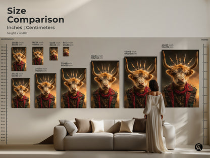 Size comparison of Steampunk Highland Cow artwork in inches and centimeters. Visualize the dimensions in a living room setting. Gothic punk animal prints in various sizes add a unique touch. Discover red brown fantasy art perfect for eclectic decor. Find your ideal canvas size.