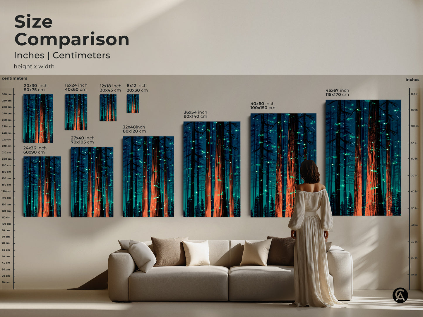 Size comparison of fantasy forest canvas. Inches and centimeters are displayed. Various sizes are available from 20x30 inch to 45x67 inch. See the tall glowing trees nature wall print in different formats.