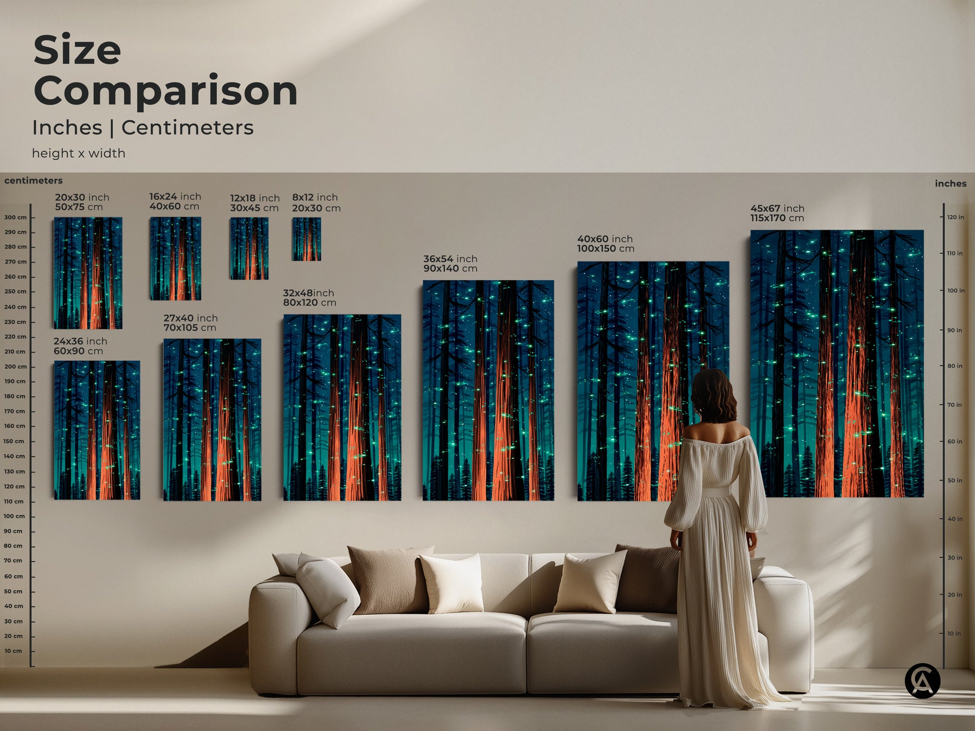 Size comparison of fantasy forest canvas. Inches and centimeters are displayed. Various sizes are available from 20x30 inch to 45x67 inch. See the tall glowing trees nature wall print in different formats.