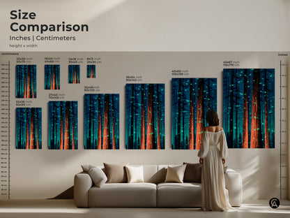 Size comparison of fantasy forest canvas. Inches and centimeters are displayed. Various sizes are available from 20x30 inch to 45x67 inch. See the tall glowing trees nature wall print in different formats.