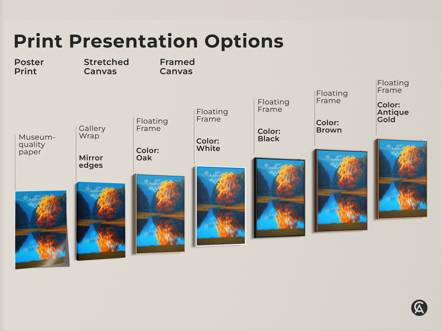 Print presentation options for Autumn Tree by Lake artwork. Options include poster print stretched canvas and framed canvas. Floating frame colors are oak white black brown and antique gold. Choose the perfect style for your nature inspired art needs. Enhance your home decor with this vibrant tree art.