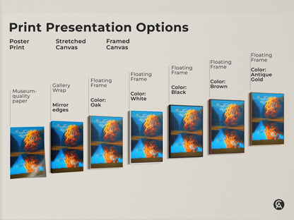 Print presentation options for Autumn Tree by Lake artwork. Options include poster print stretched canvas and framed canvas. Floating frame colors are oak white black brown and antique gold. Choose the perfect style for your nature inspired art needs. Enhance your home decor with this vibrant tree art.