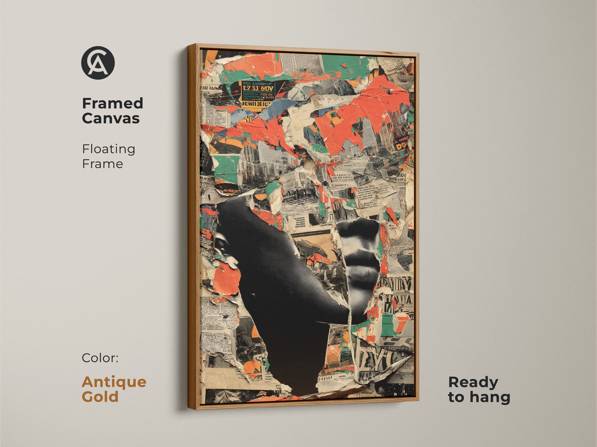 A Framed Canvas Print of Abstract Collage Art. The floating frame is antique gold. It is a deconstructivist cityscape artwork ready to hang. It features red black and green tones. A modern art piece.