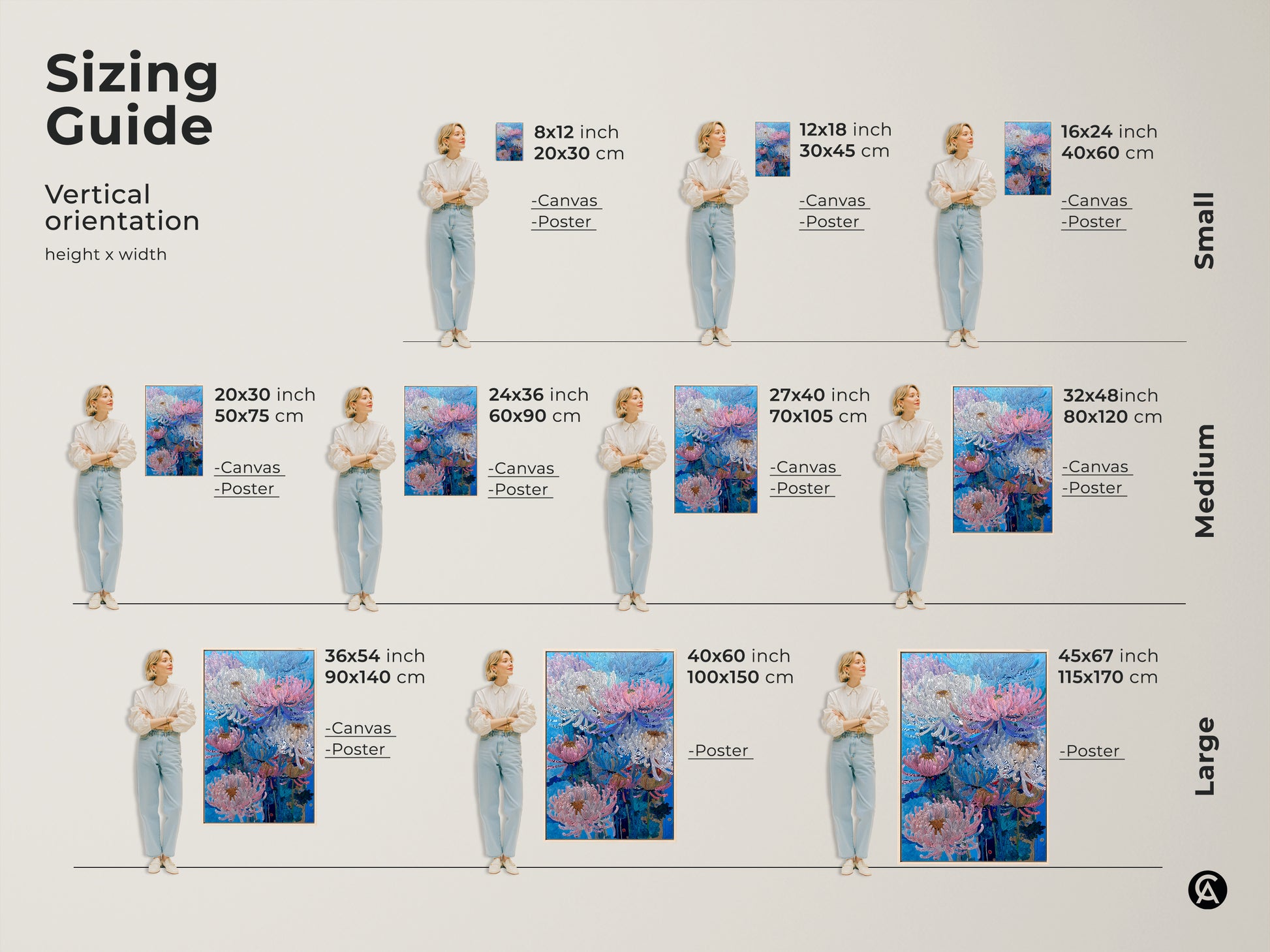Sizing guide for vertical orientation of pink blue and white Chrysanthemum canvas and poster art. Visualize small medium and large sizes with example models. Find the perfect fit for your botanical nature wall art decor needs. Choose the ideal size for your space.