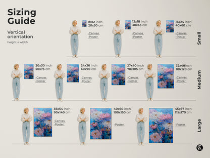 Sizing guide for vertical orientation of pink blue and white Chrysanthemum canvas and poster art. Visualize small medium and large sizes with example models. Find the perfect fit for your botanical nature wall art decor needs. Choose the ideal size for your space.