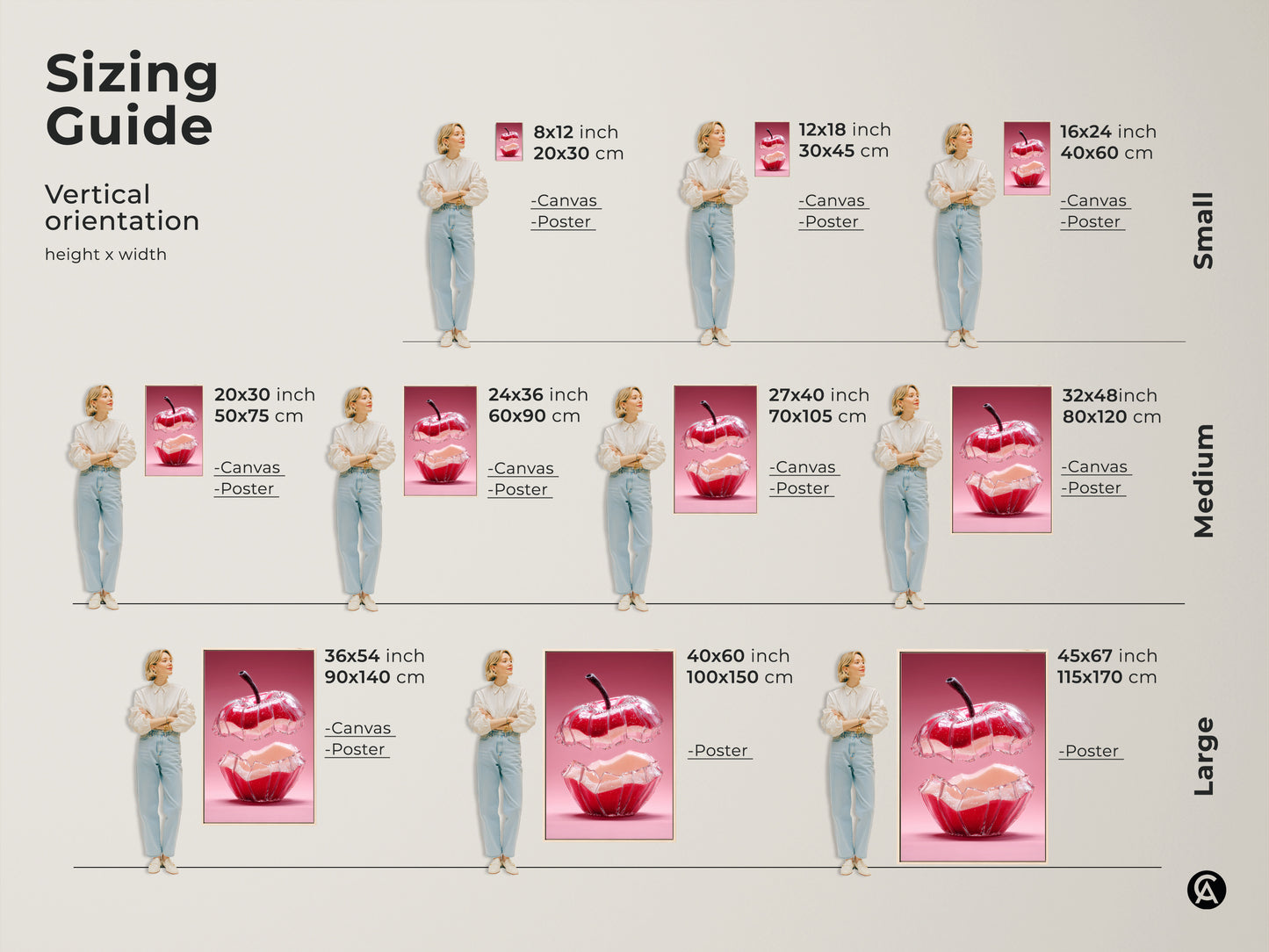 Sizing guide for abstract apple art. Visualize the art in various sizes to fit your space. Available as canvas or poster prints. Perfect for modern kitchen wall art. Find the ideal size for your foodie gift. Enhance your contemporary home decor with this artwork.
