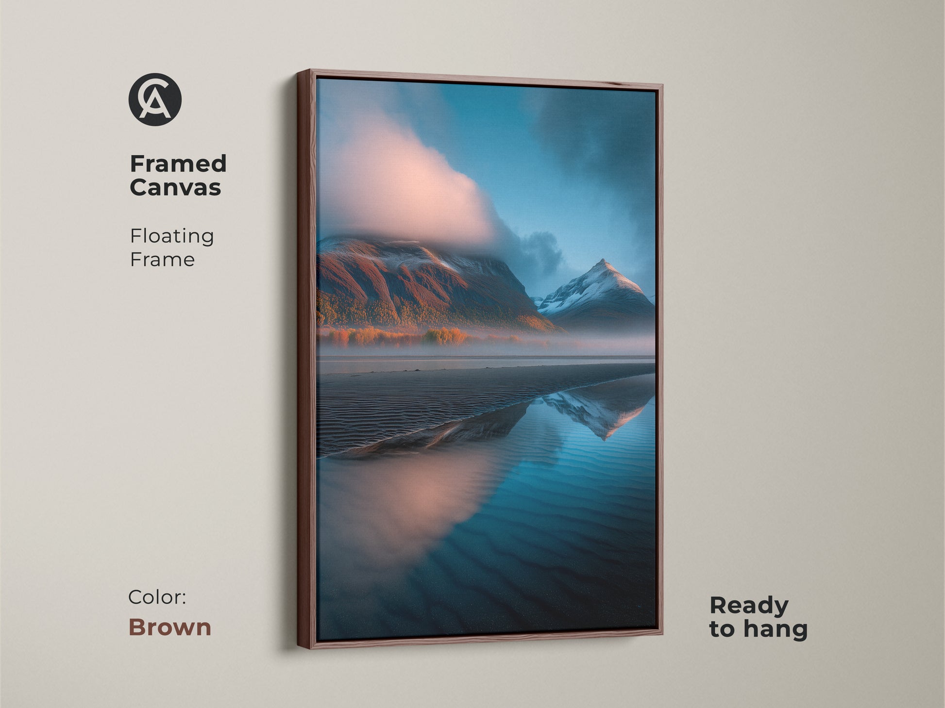 Framed canvas featuring a mountain lake landscape with a brown floating frame. This blue orange teal artwork enhances any space. Perfect nature photography for home decor.
