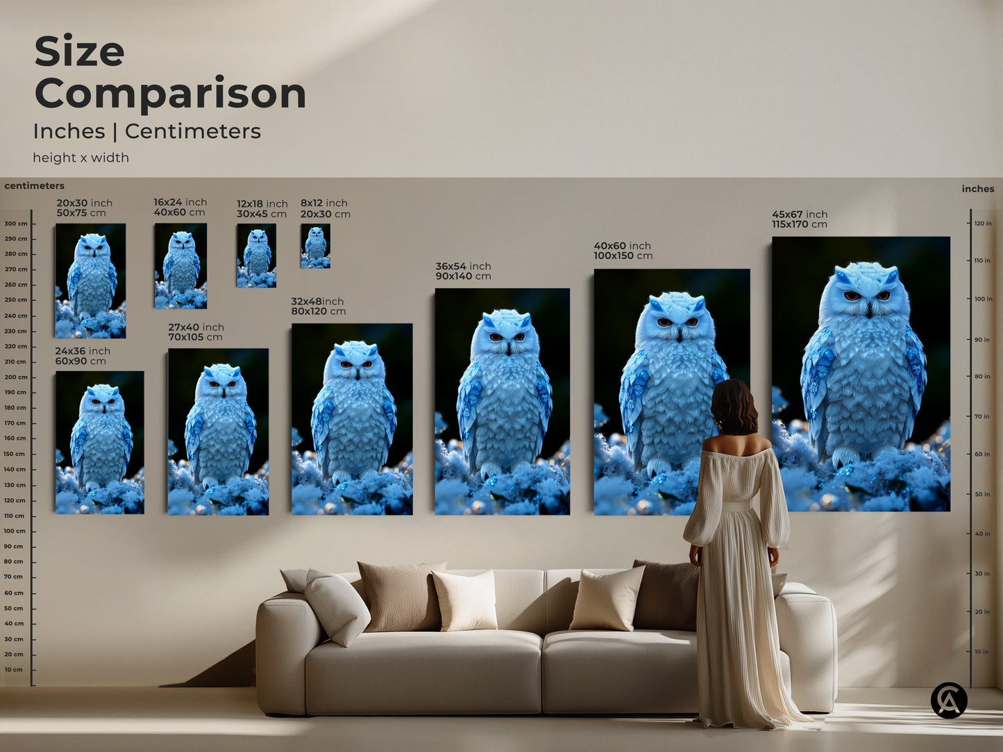 Compare sizes of the Snowy Owl artwork in inches and centimeters. This size comparison showcases canvas and poster prints. It is the perfect wildlife art for bedroom or eclectic home decor. See the stunning animal artwork.