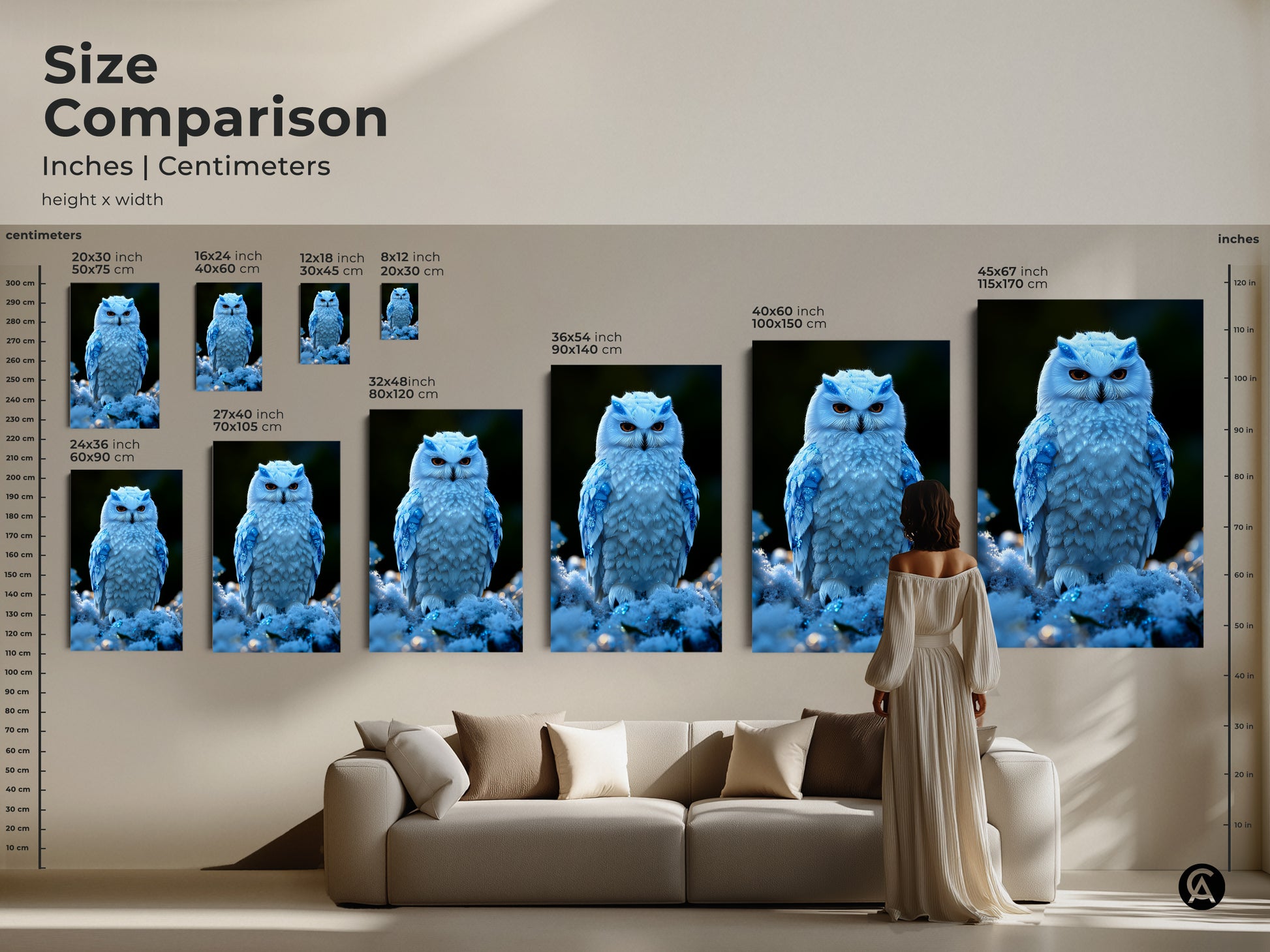 Compare sizes of the Snowy Owl artwork in inches and centimeters. This size comparison showcases canvas and poster prints. It is the perfect wildlife art for bedroom or eclectic home decor. See the stunning animal artwork.