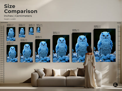 Compare sizes of the Snowy Owl artwork in inches and centimeters. This size comparison showcases canvas and poster prints. It is the perfect wildlife art for bedroom or eclectic home decor. See the stunning animal artwork.