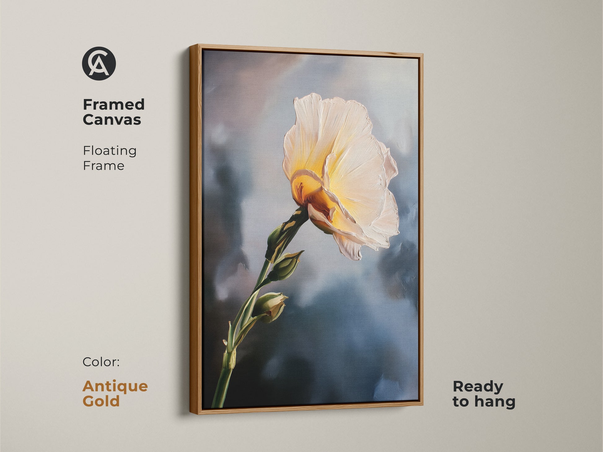 Framed canvas featuring a cream and yellow botanical flower. The antique gold frame adds a luxurious touch. This contemporary piece is ready to hang bringing painterly elegance to any space. Perfect as a housewarming gift for art lovers.