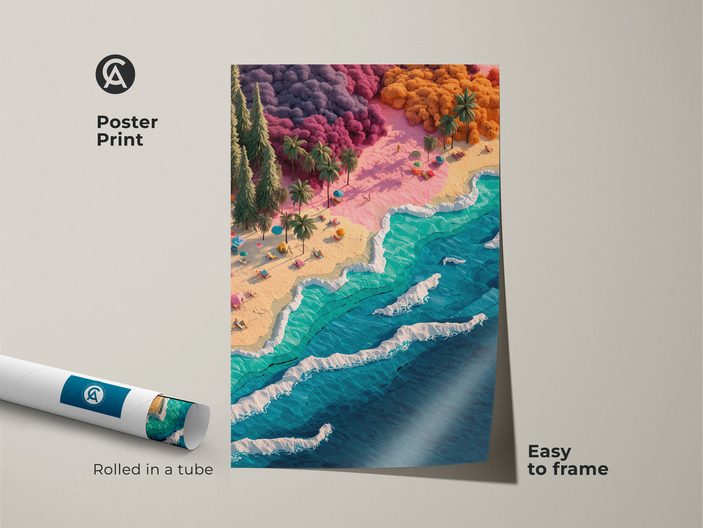 Poster print of a vibrant beach scene. The artwork shows an aerial view of a tropical beach. The poster is rolled in a tube and easy to frame. The art features colorful trees and turquoise waves.