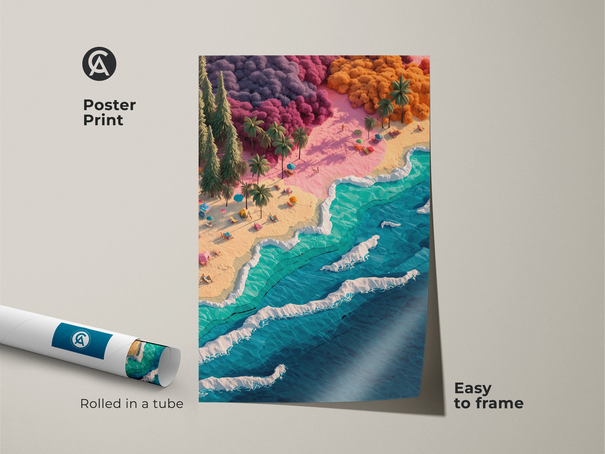 Poster print of a vibrant beach scene. The artwork shows an aerial view of a tropical beach. The poster is rolled in a tube and easy to frame. The art features colorful trees and turquoise waves.