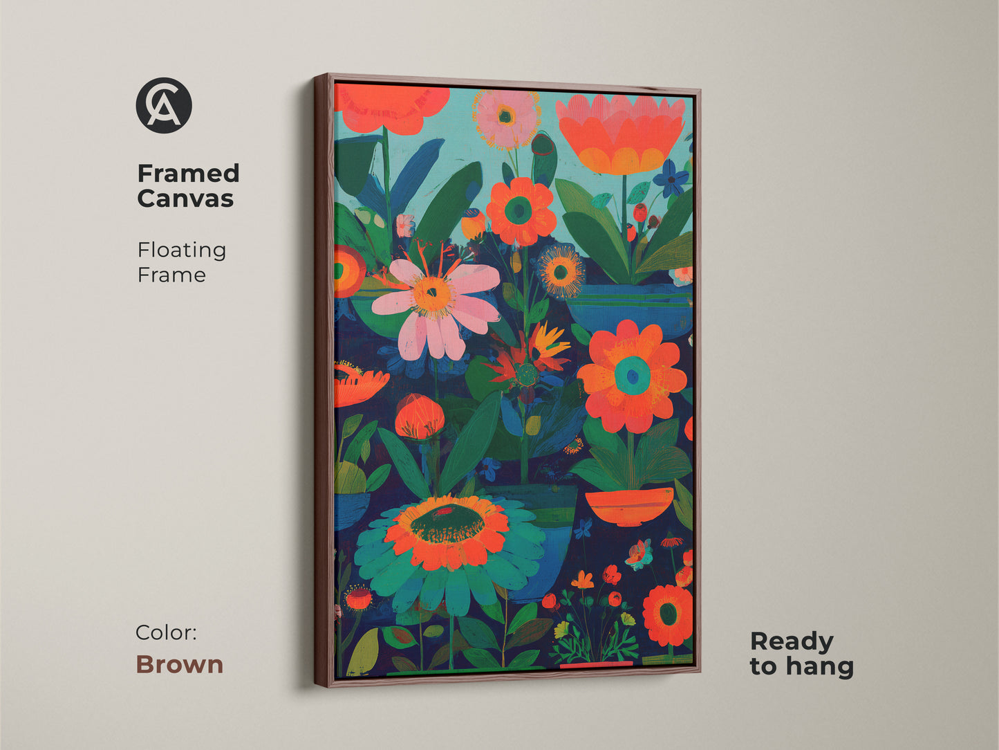 Framed canvas in a floating frame displays a modern folk art artwork. The abstract botanical wall art has a rich dark blue orange and teal color scheme. Ready to hang this boho floral decor is a stunning piece for any room. A thoughtful gift for plant enthusiasts.