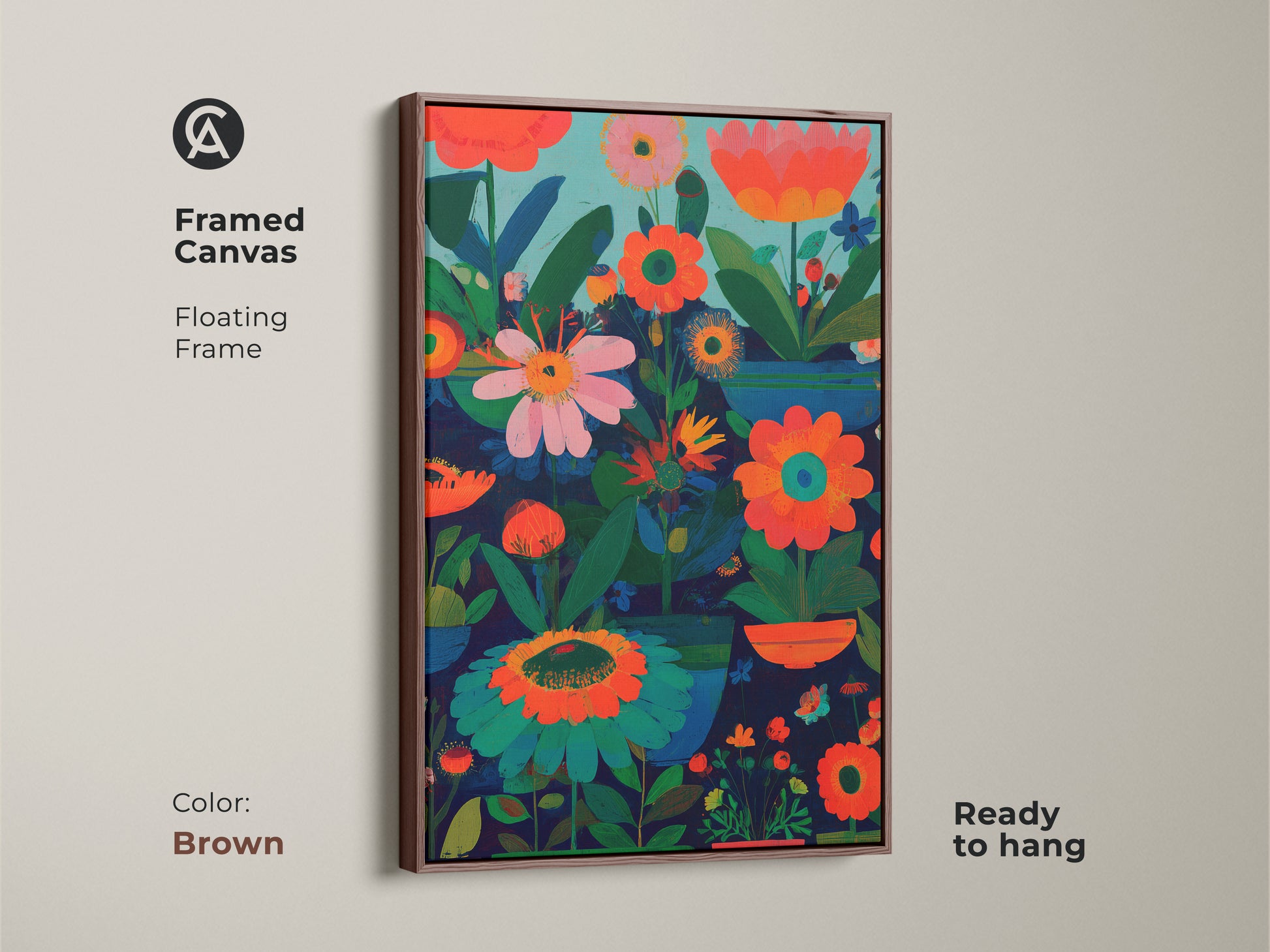 Framed canvas in a floating frame displays a modern folk art artwork. The abstract botanical wall art has a rich dark blue orange and teal color scheme. Ready to hang this boho floral decor is a stunning piece for any room. A thoughtful gift for plant enthusiasts.