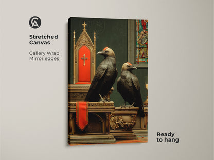 This is a Stretched Canvas Gallery Wrap of Gothic Crow Wall Art. Dark academia artwork includes ornate altar decor and religious symbolism. Black bird art is ready to hang making it perfect for gothic home decor