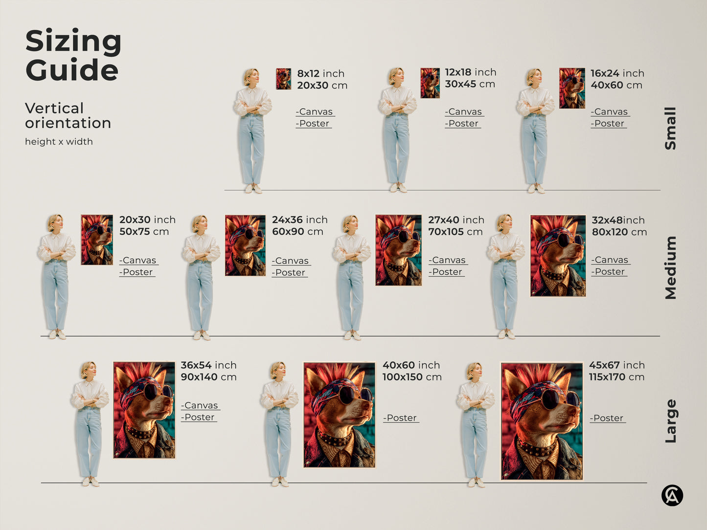 Sizing guide for vertical mohawk dog canvas artwork. Available in small medium and large sizes. Perfect for adding a unique touch to any room. See what the art would look like in your home. Find the ideal fit for your space. Make a statement with this cool rebel dog artwork.