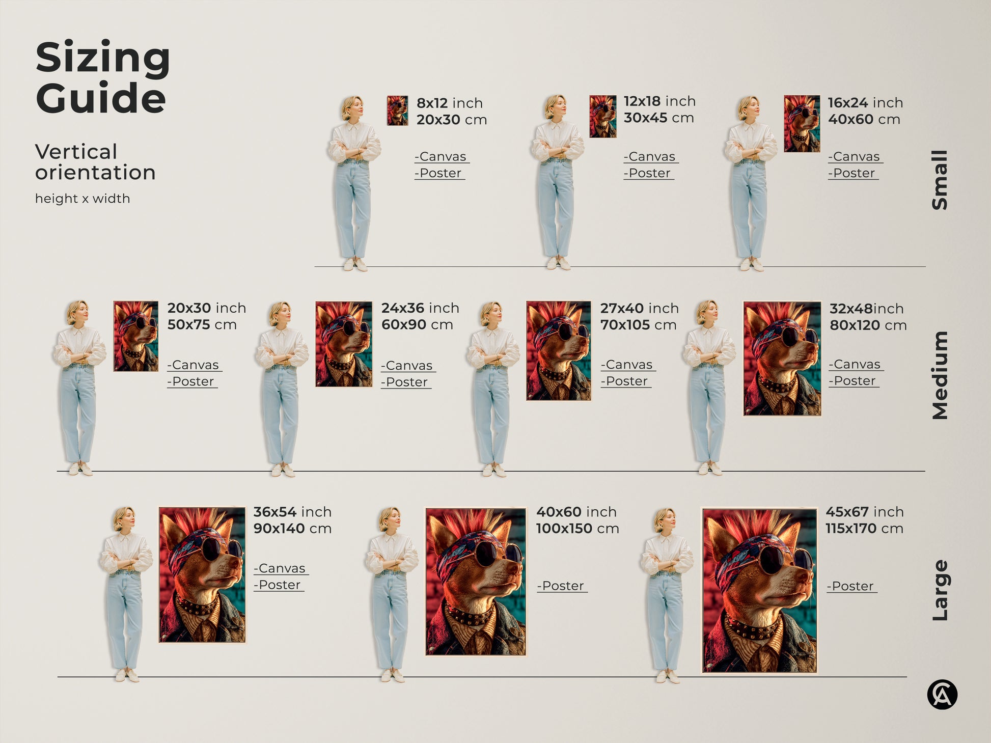 Sizing guide for vertical mohawk dog canvas artwork. Available in small medium and large sizes. Perfect for adding a unique touch to any room. See what the art would look like in your home. Find the ideal fit for your space. Make a statement with this cool rebel dog artwork.