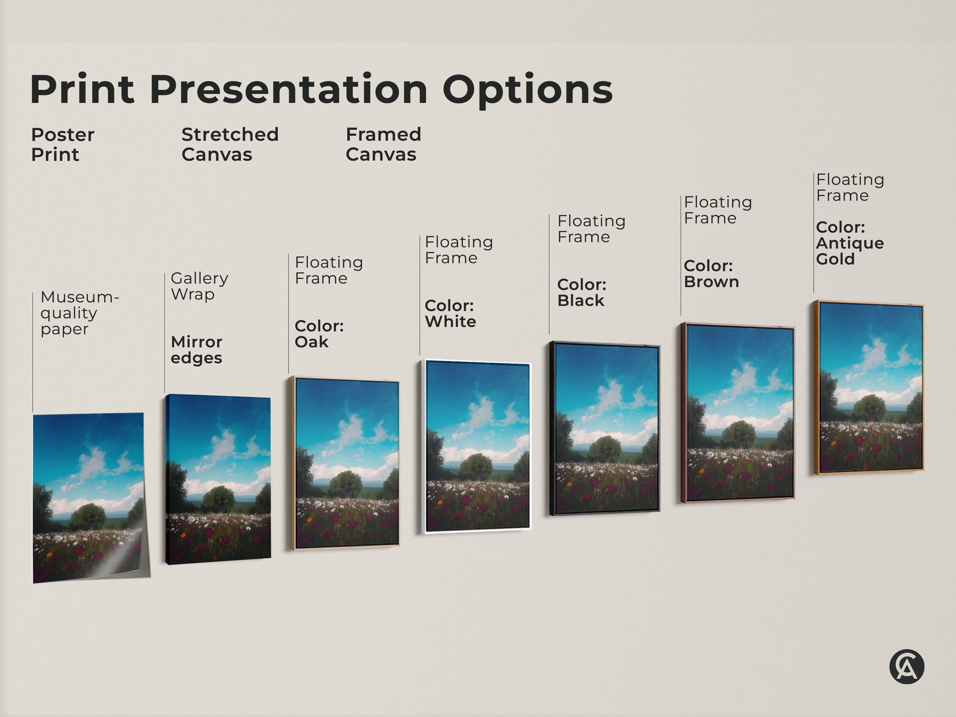Print presentation options for a scenic wildflower canvas. Options include a poster print a stretched canvas and a framed canvas. Each features impressionistic mountain landscape art. Select from white black brown or antique gold frames.