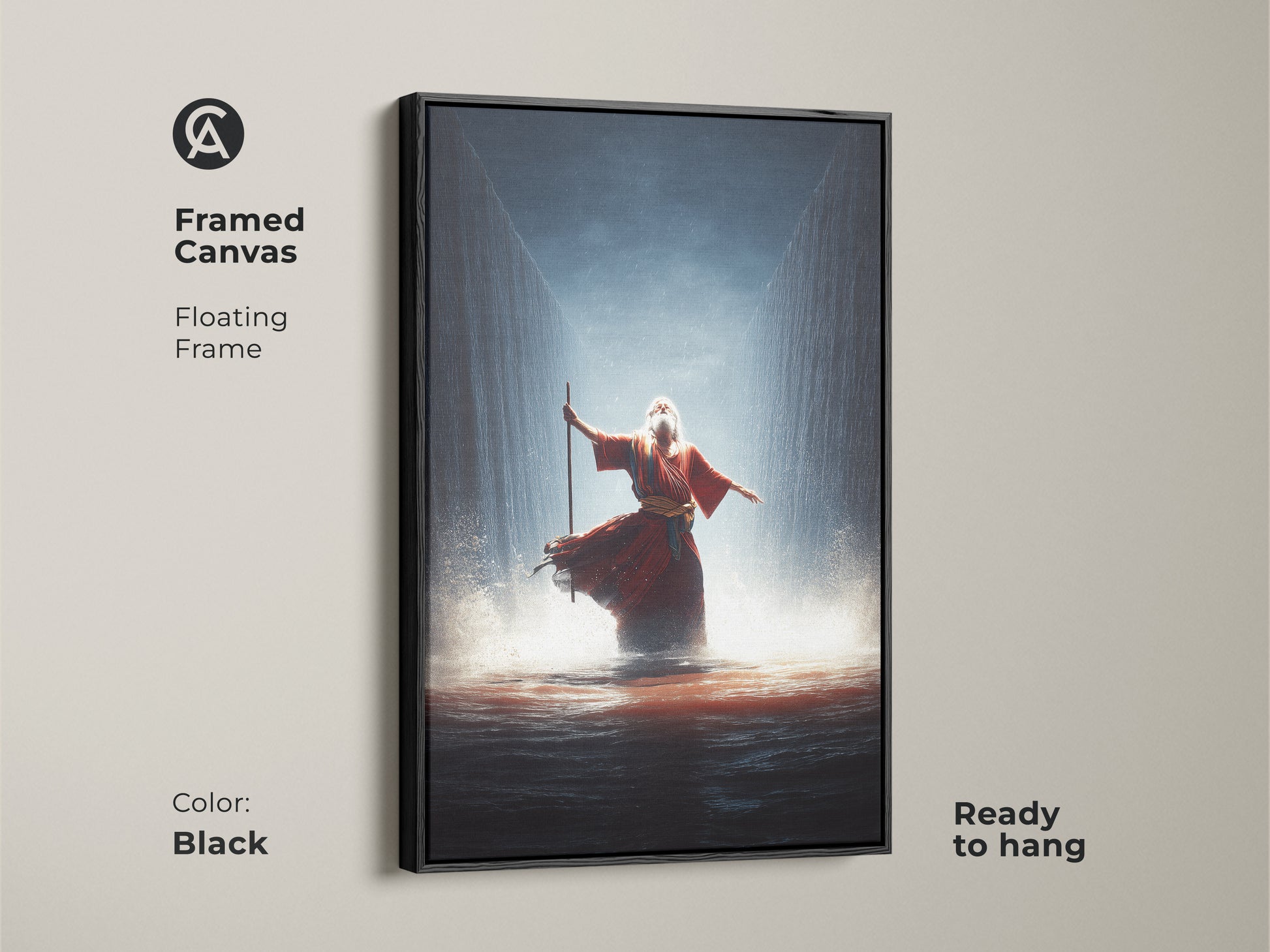 Framed Canvas art featuring Moses parting the Red Sea. The floating frame is black and ready to hang. Crimson and gold artwork adds a dramatic touch to your home. This religious narrative wall art enhances any room decor.