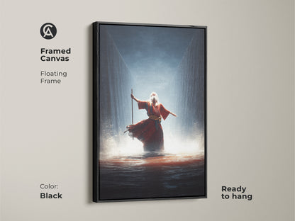 Framed Canvas art featuring Moses parting the Red Sea. The floating frame is black and ready to hang. Crimson and gold artwork adds a dramatic touch to your home. This religious narrative wall art enhances any room decor.