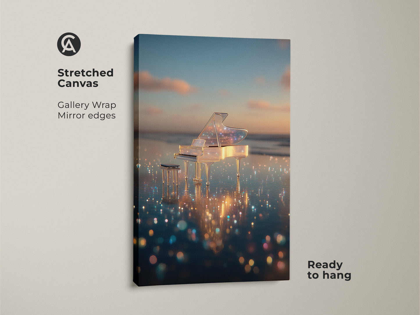 Stretched canvas art of a crystal piano on a shimmering beach. The gallery wrap with mirror edges gives a modern touch. The artwork is ready to hang. It makes a statement piece for any music room. This serene coastal scene brings peace to your home. Order now and enjoy this beautiful art.