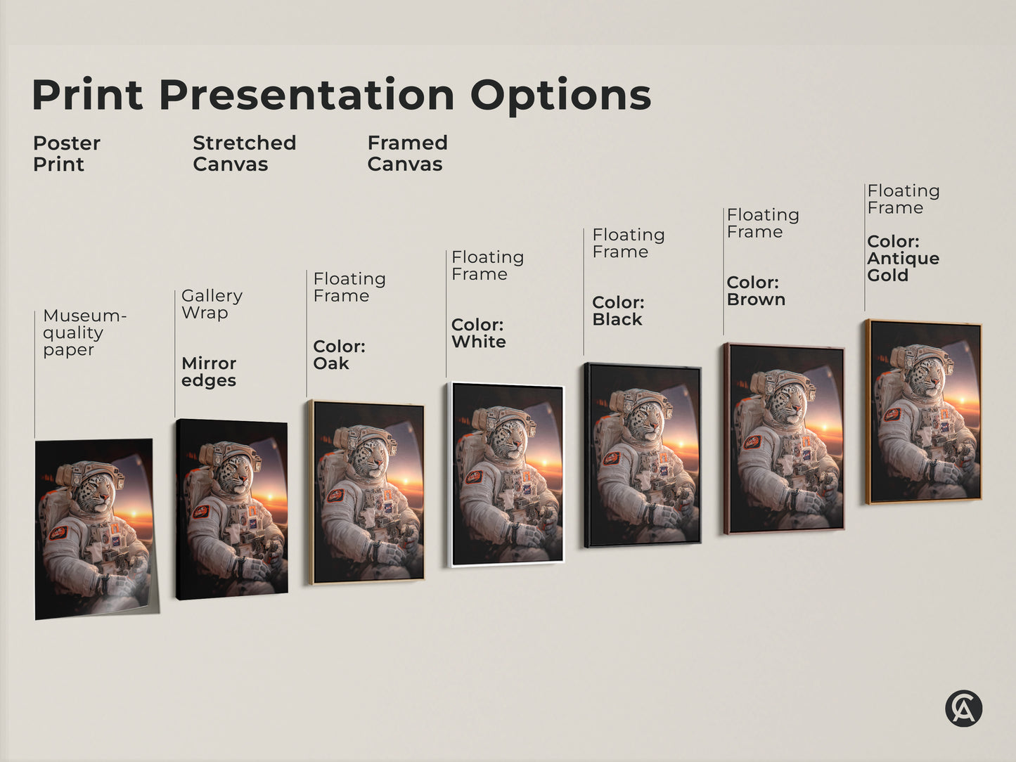 Print presentation options showcases a surreal leopard astronaut canvas art. Select between poster print stretched canvas or framed canvas. Each offers unique aesthetic appeal. This space animal wall print will transform any space. It is a museum-quality decor.