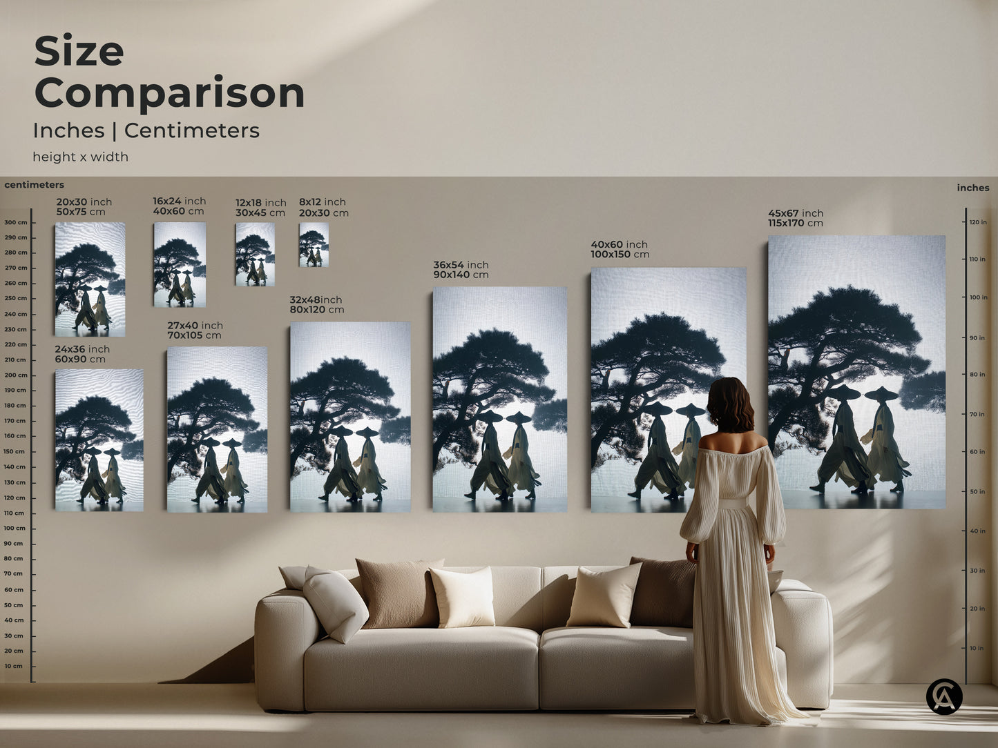 Size comparison of silhouetted figures and pine tree canvas art. Various sizes in inches and centimeters are displayed. This Japandi wall decor in dark blue and beige complements any room. It is a peaceful nature scene print perfect as a travel gift.