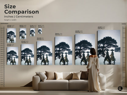 Size comparison of silhouetted figures and pine tree canvas art. Various sizes in inches and centimeters are displayed. This Japandi wall decor in dark blue and beige complements any room. It is a peaceful nature scene print perfect as a travel gift.