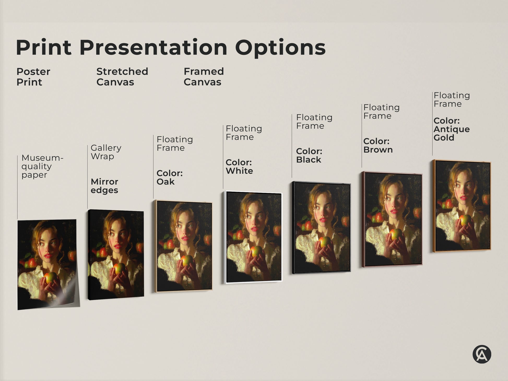 Explore print presentation options. See the woman with apple art as a poster print. Also see it as a stretched canvas or framed canvas. Each option offers a unique way to display this classical realism style artwork. Find the perfect presentation for your home decor.