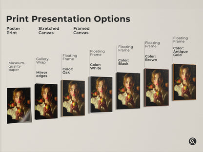 Explore print presentation options. See the woman with apple art as a poster print. Also see it as a stretched canvas or framed canvas. Each option offers a unique way to display this classical realism style artwork. Find the perfect presentation for your home decor.