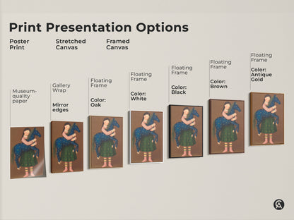 A detailed view of the whimsical girl horse art highlighting the folk art elements. The blue gold green color scheme enhances the boho nursery wall decor. Perfect as playroom art fantasy for kids to enjoy.