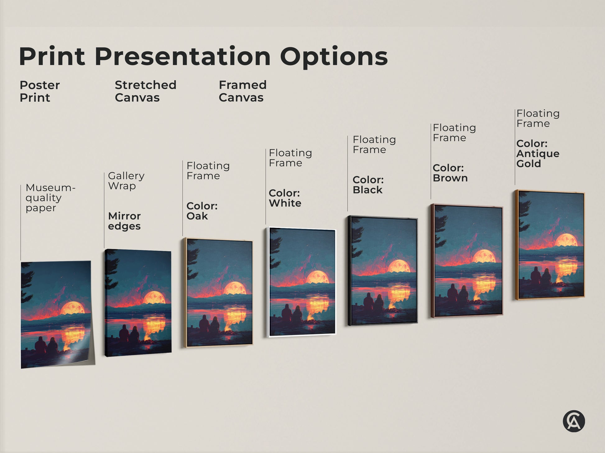 Explore print presentation options for the digital art couple by campfire sunset canvas. Choose from poster prints stretched canvas and framed canvas. Each offers museum-quality paper gallery wrap and floating frame choices. Colors include black brown white and oak to complement your decor.