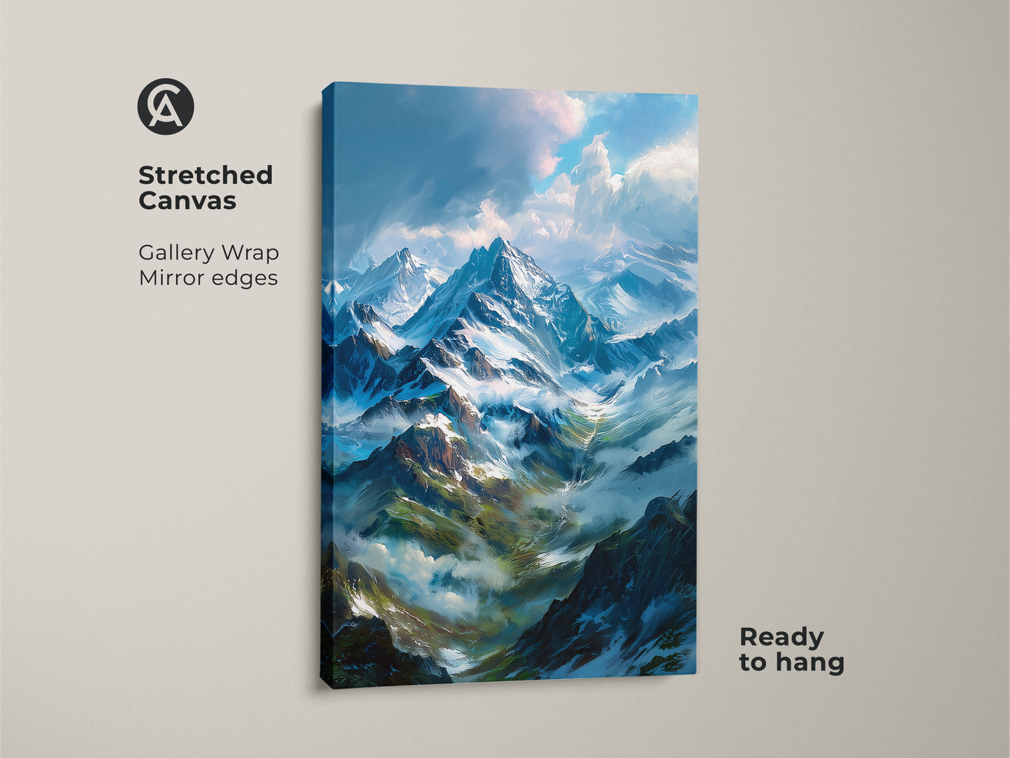 Stretched canvas print featuring a snow-capped mountain landscape. Gallery wrapped with mirrored edges this artwork is ready to hang. The perfect piece of wall décor to add beauty to any room.